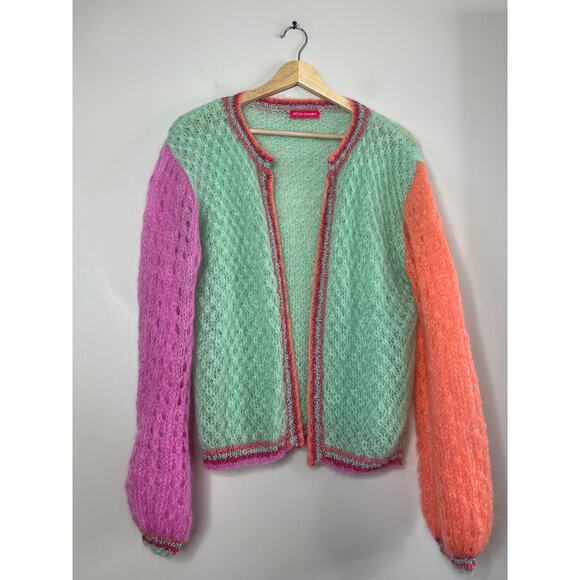 NEW Rose Carmine Mohair Blend Little Jacket Colorblock Cardigan Sweater One Size - Picture 1 of 5